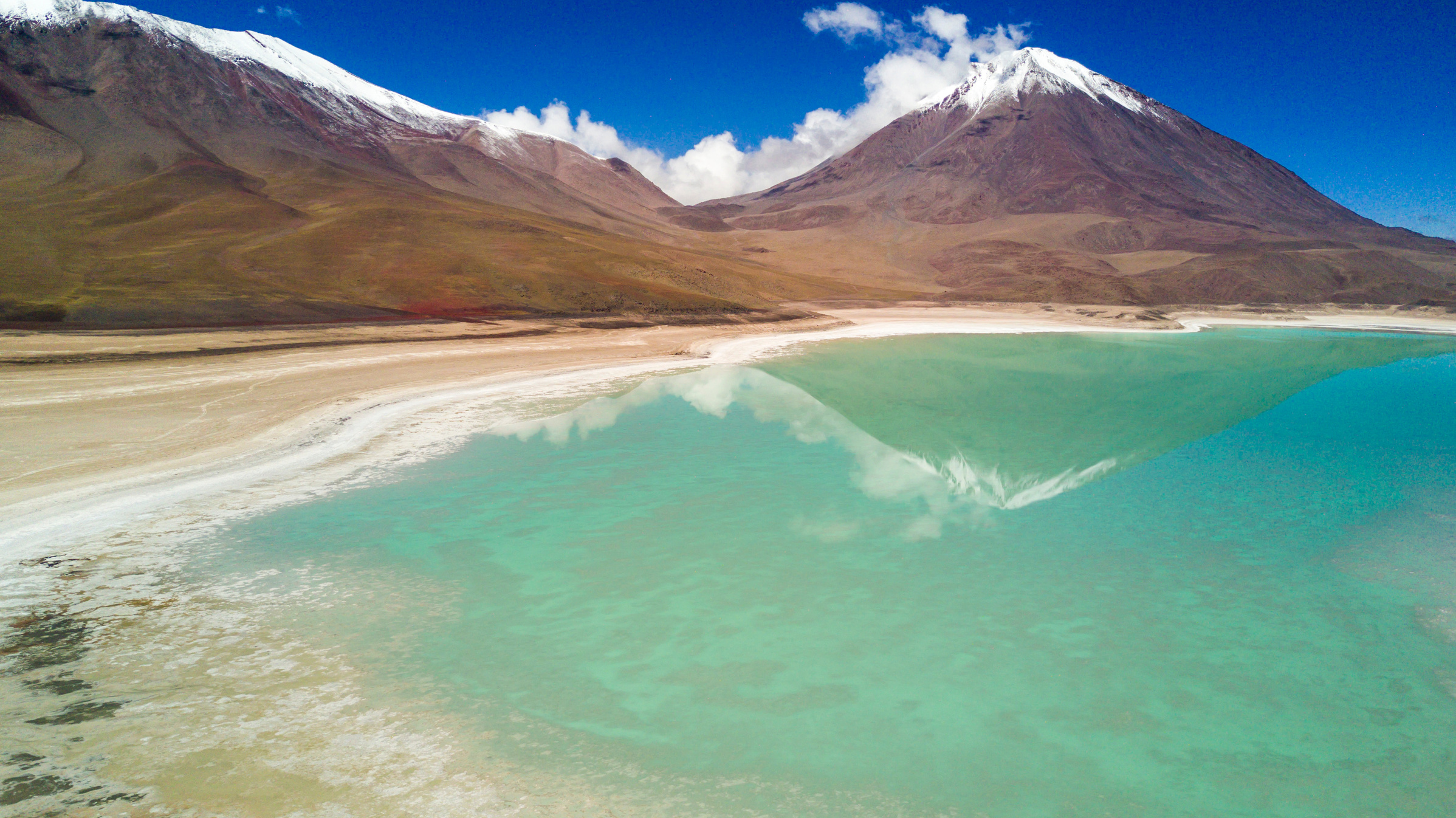 An aerial view of 'Laguna Verde' (Green Lagoon) in the way to Uyuni saltflats, Bolivia