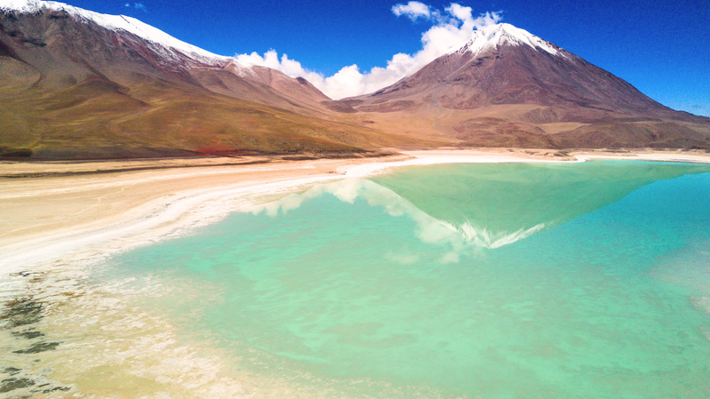 An aerial view of 'Laguna Verde' (Green Lagoon) in the way to Uyuni saltflats, Bolivia